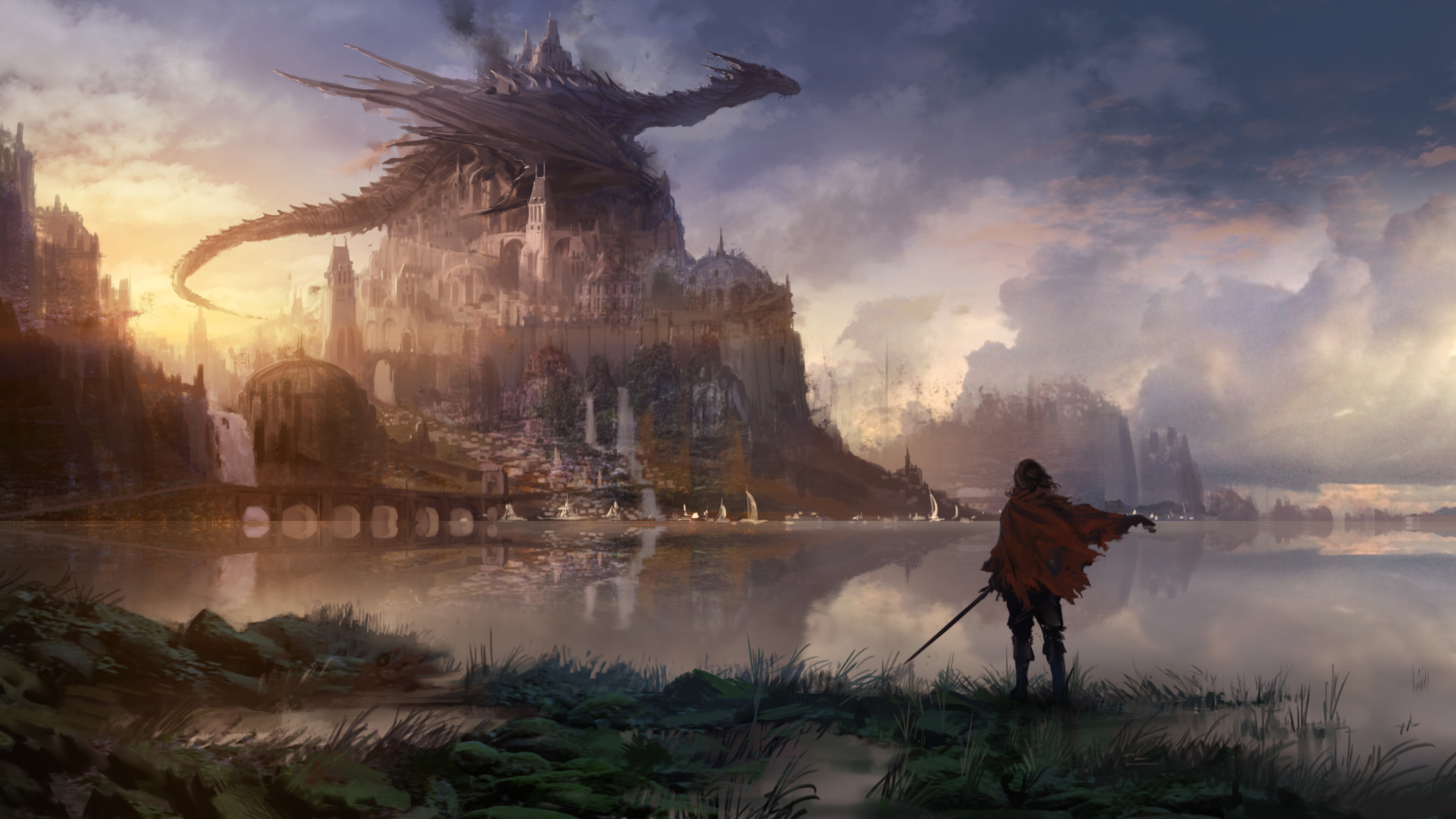 Fantasy art, Fantasy wallpapers, Lock building, Hill fantasy, Artwork, 3840x2160 4K Desktop