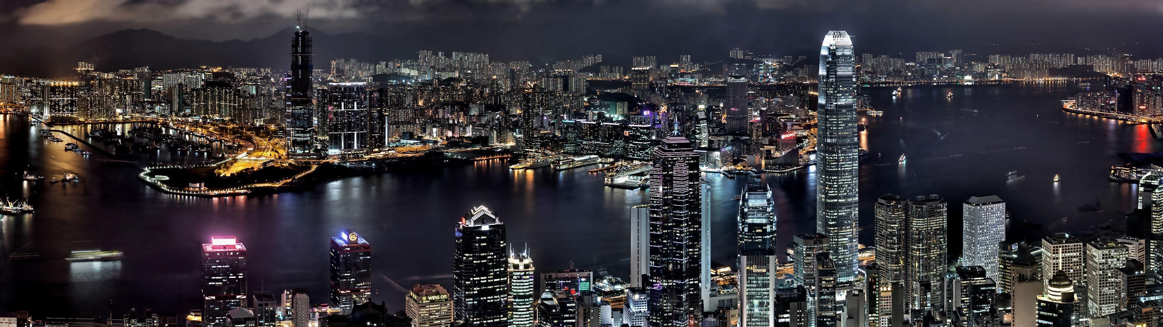 Hong Kong, Night Skylines Wallpaper, 3840x1080 Dual Screen Desktop