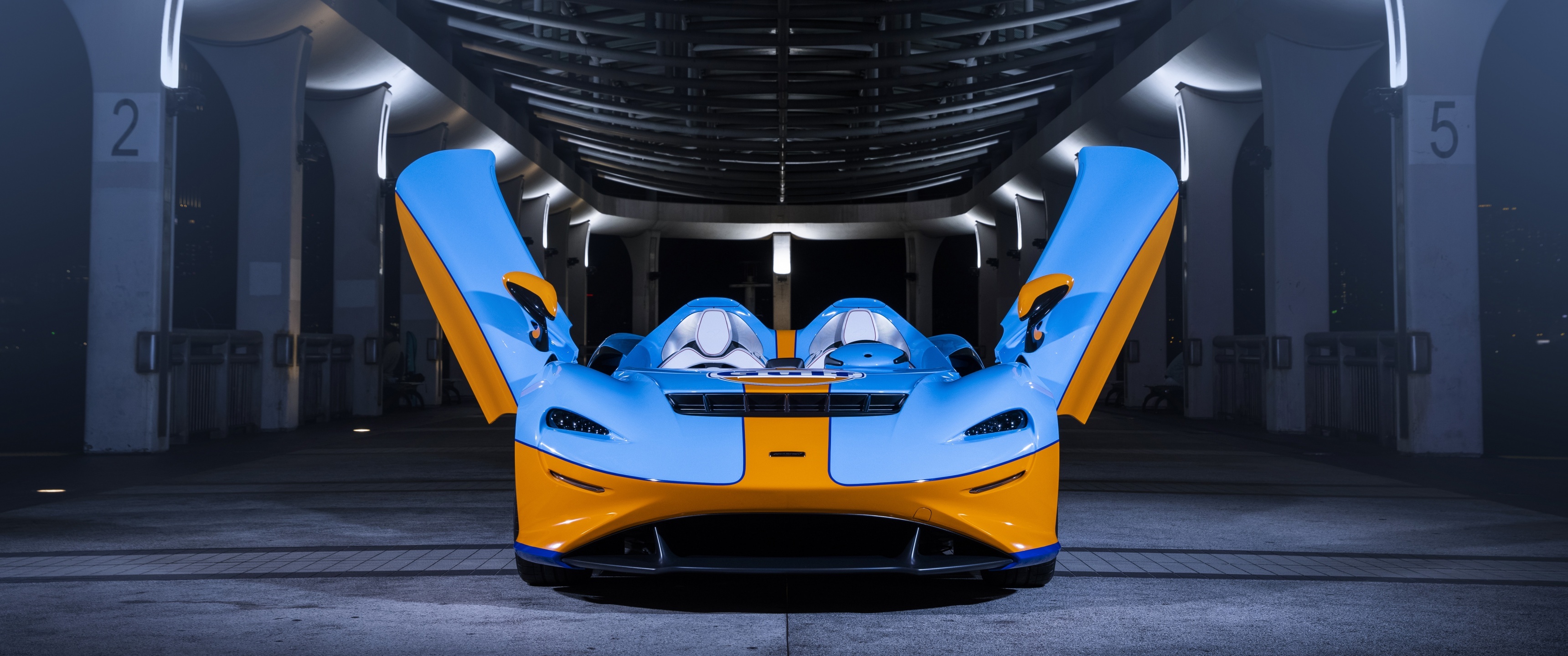 McLaren Elva, Gulf theme wallpaper, 2021 model, High-quality resolution, 3440x1440 Dual Screen Desktop