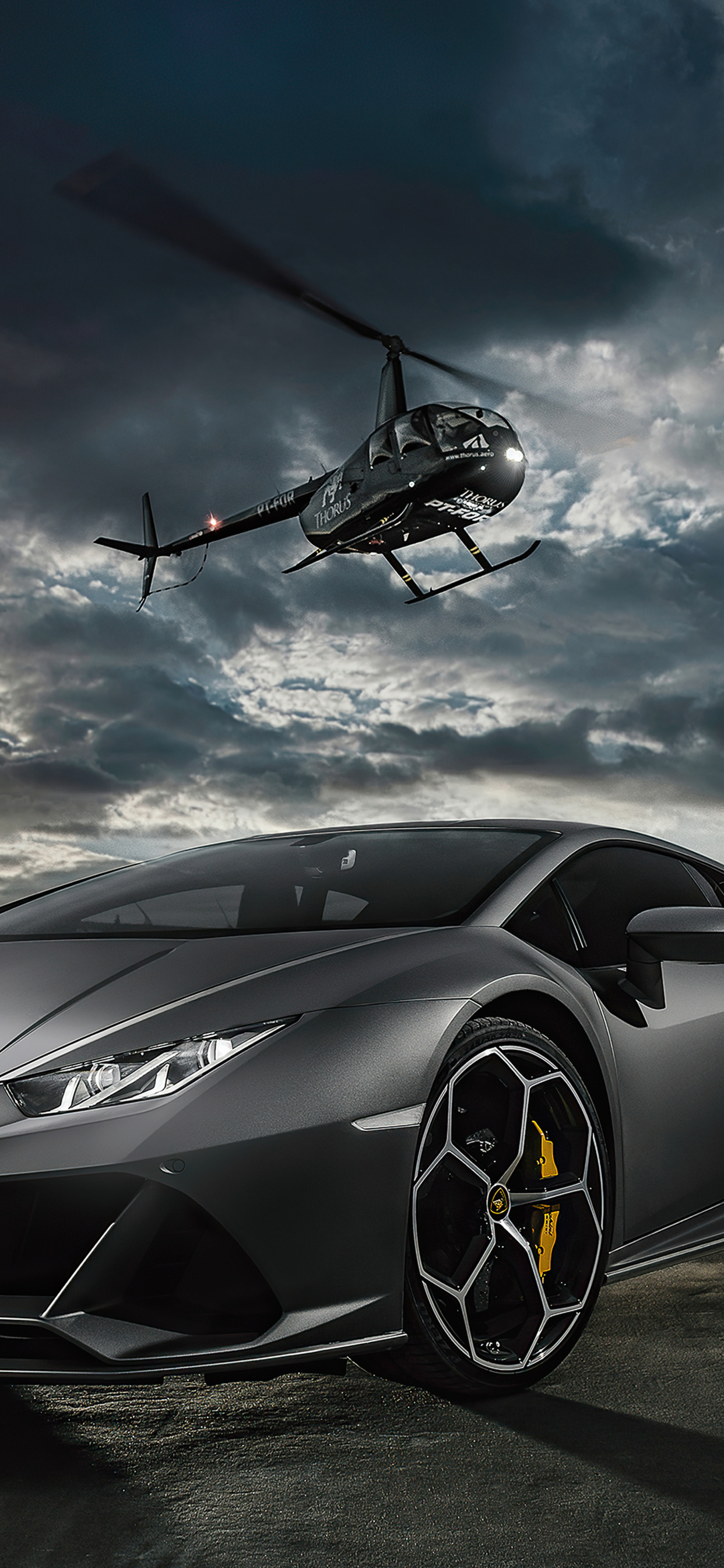 Robinson R66 and Lamborghini Huracan Evo, Helicopters Wallpaper, 1250x2690 HD Phone