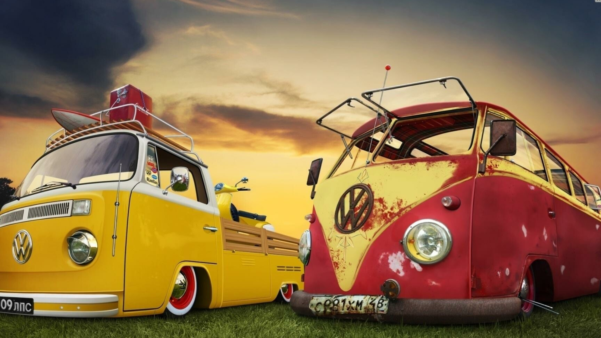 Hippie van beach, Retro charm, Beachside adventure, Relaxed vibes, 1920x1080 Full HD Desktop