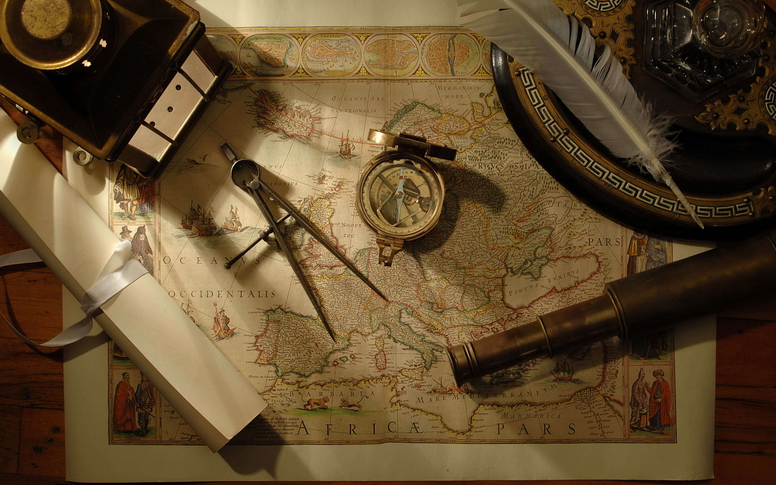 Vintage European map, Compass map tools, Feathers, Wallpaper flare, 2560x1600 HD Desktop