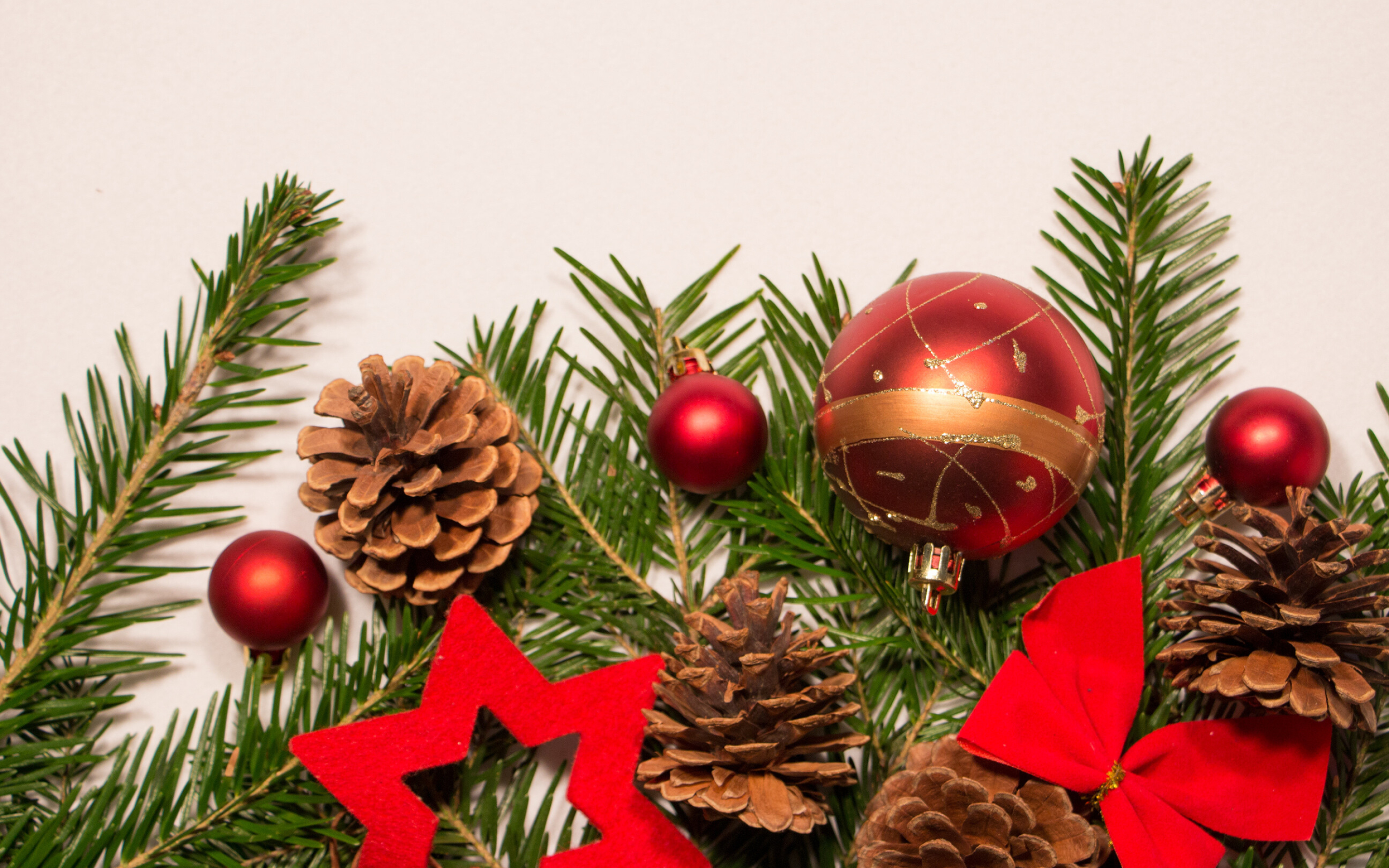 Red Christmas ornaments, Fir trees, Festive wallpapers, Holiday beauty, 2880x1800 HD Desktop