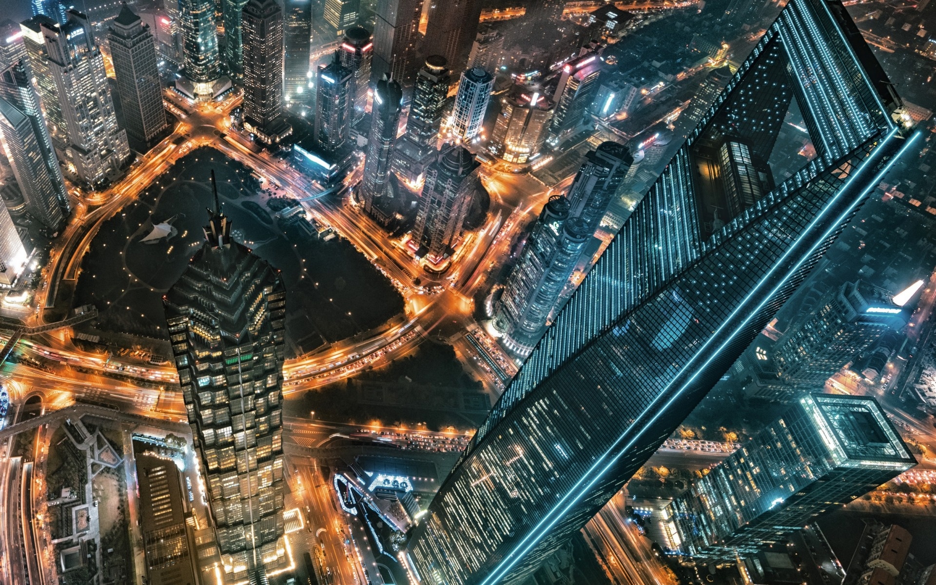 Shanghai World Financial Center, Aerial view at night, Modern skyline, City lights, 1920x1200 HD Desktop