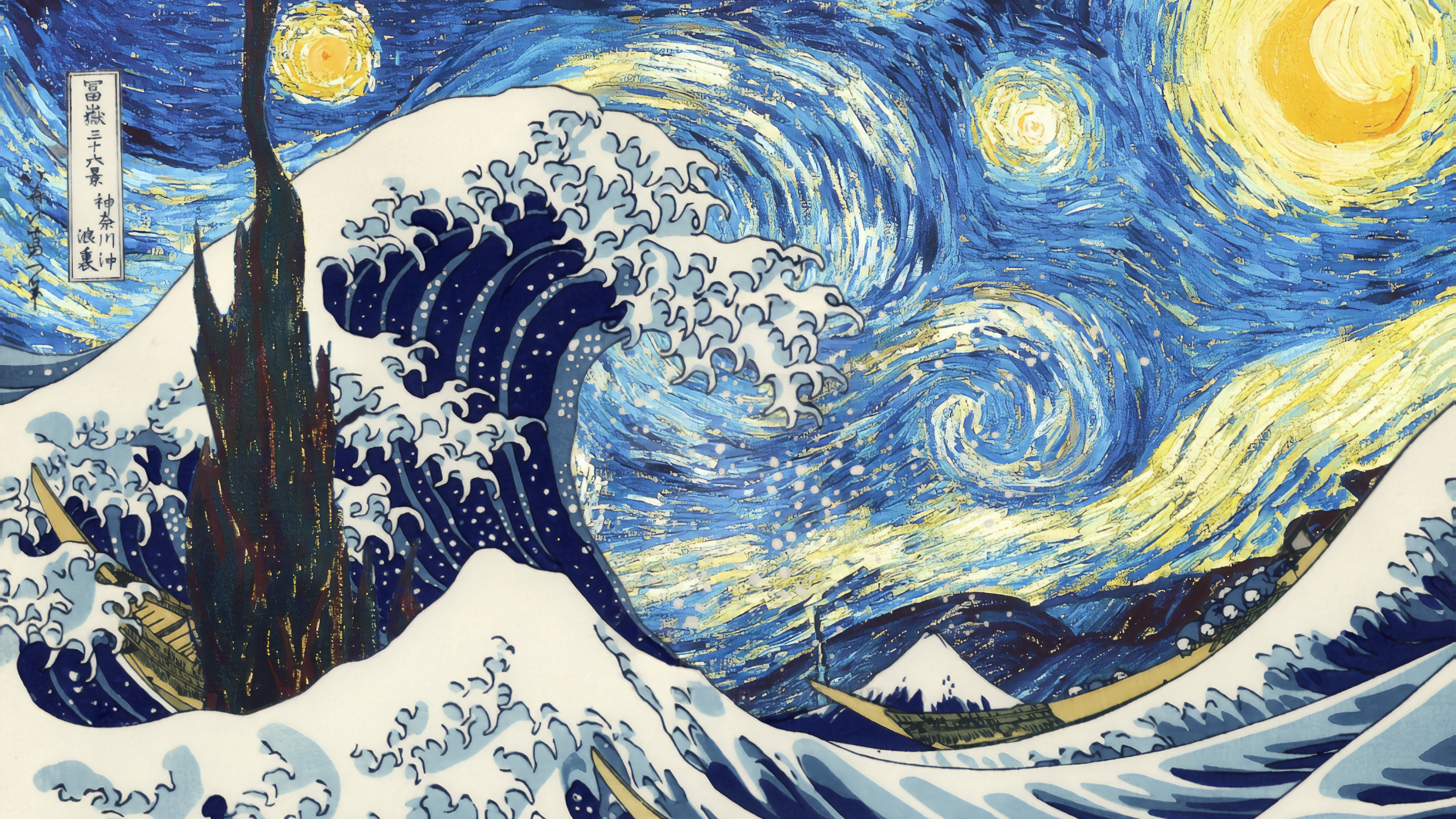 Starry Night, Great Wave off Kanagawa Wallpaper, 3840x2160 4K Desktop