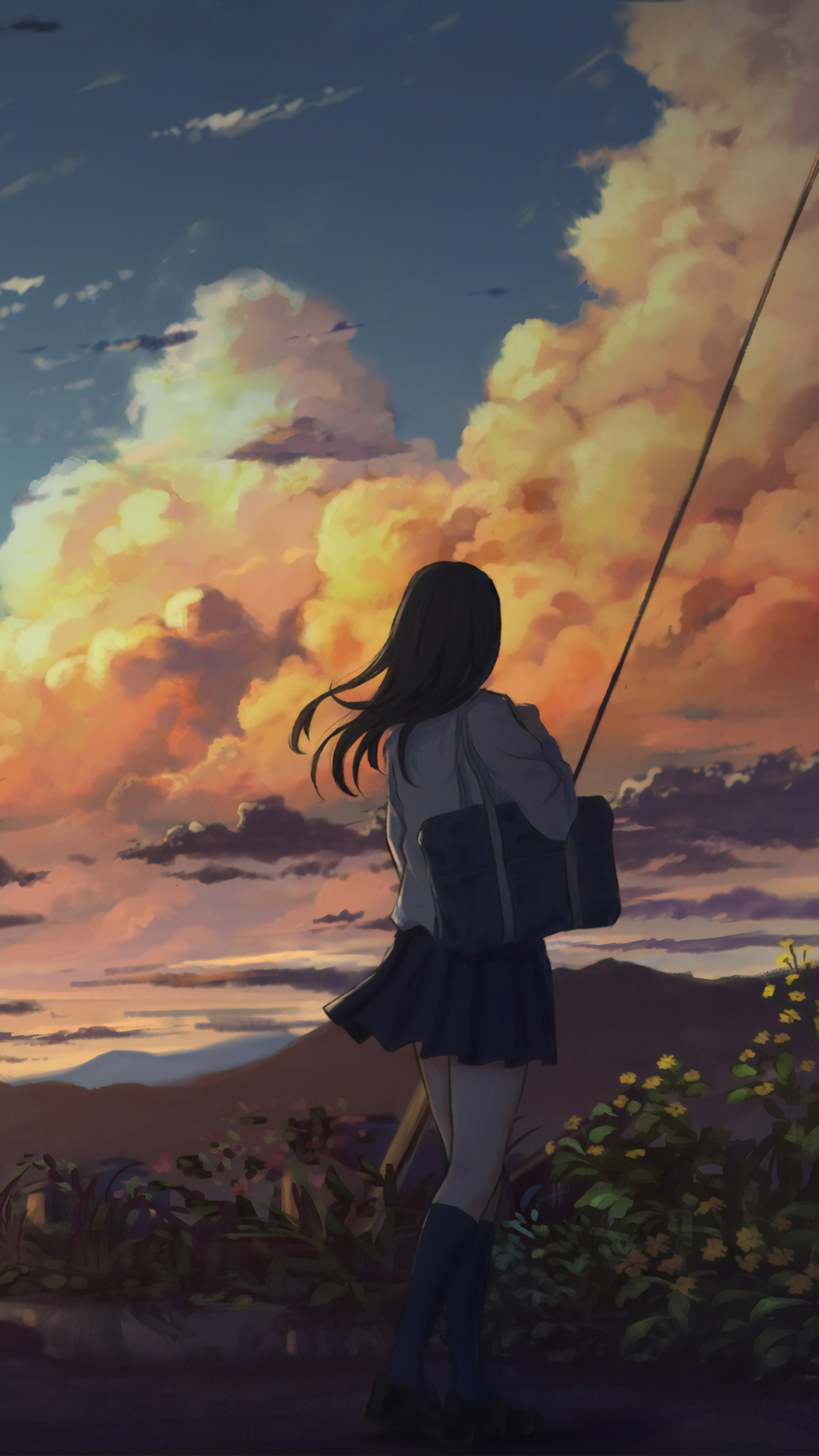 Anime girl outside, Power lines, 4K wallpapers, Anime, 2160x3840 4K Phone