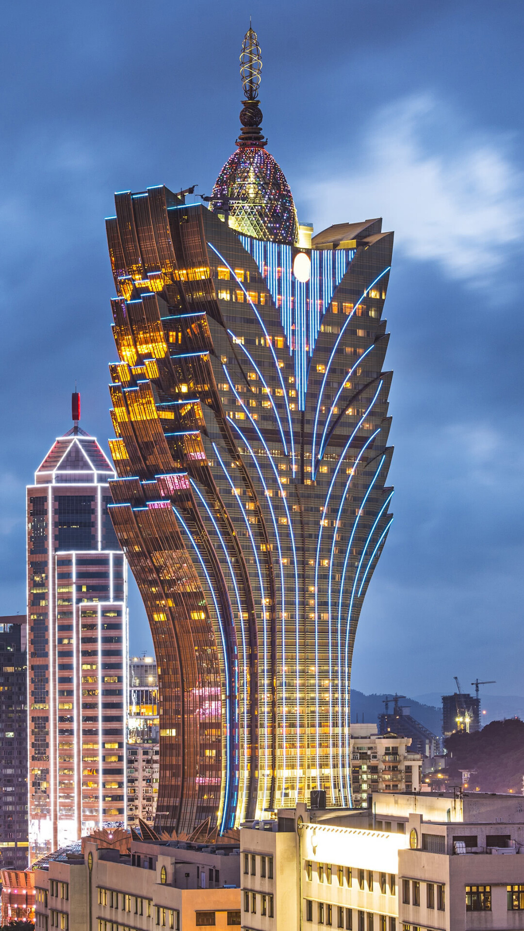 Grand Lisboa Hotel, Macau skyline, Night lights, Modern architecture, 1080x1920 Full HD Phone