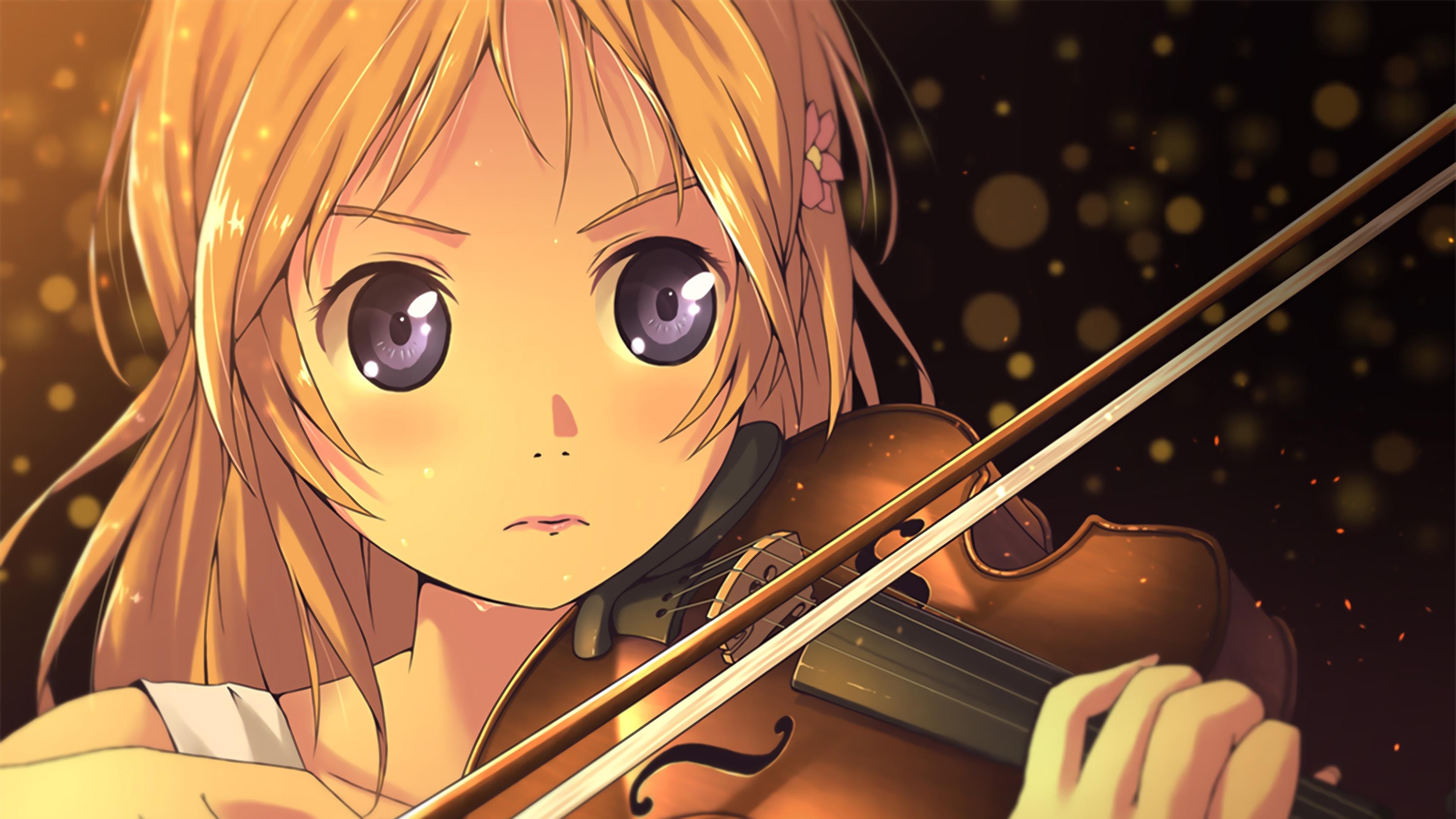 Anime girl playing, Shigatsu wa kimi no uso, Beautifully melancholic, Bowed strings, 3840x2160 4K Desktop