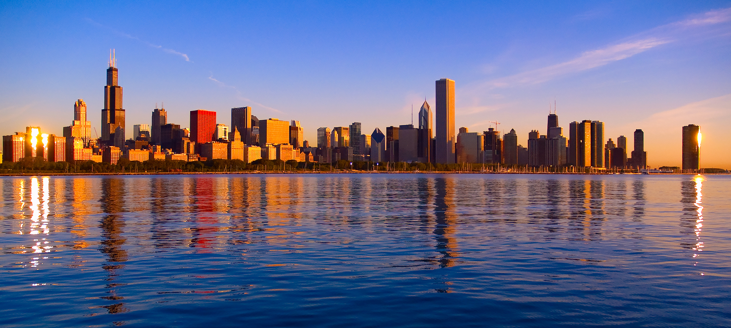 Chicago skyline, Adler Planetarium, Sunrise, Blackmore partners, 2910x1310 Dual Screen Desktop