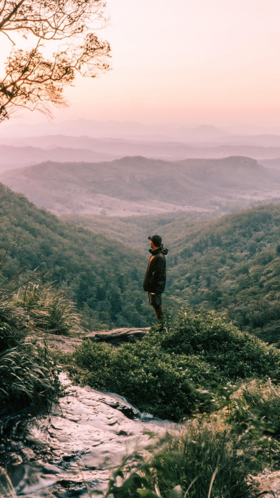 Misty morning mountains, Lone hiker in fog, Scenic wilderness, Serene nature views, 1080x1920 Full HD Phone