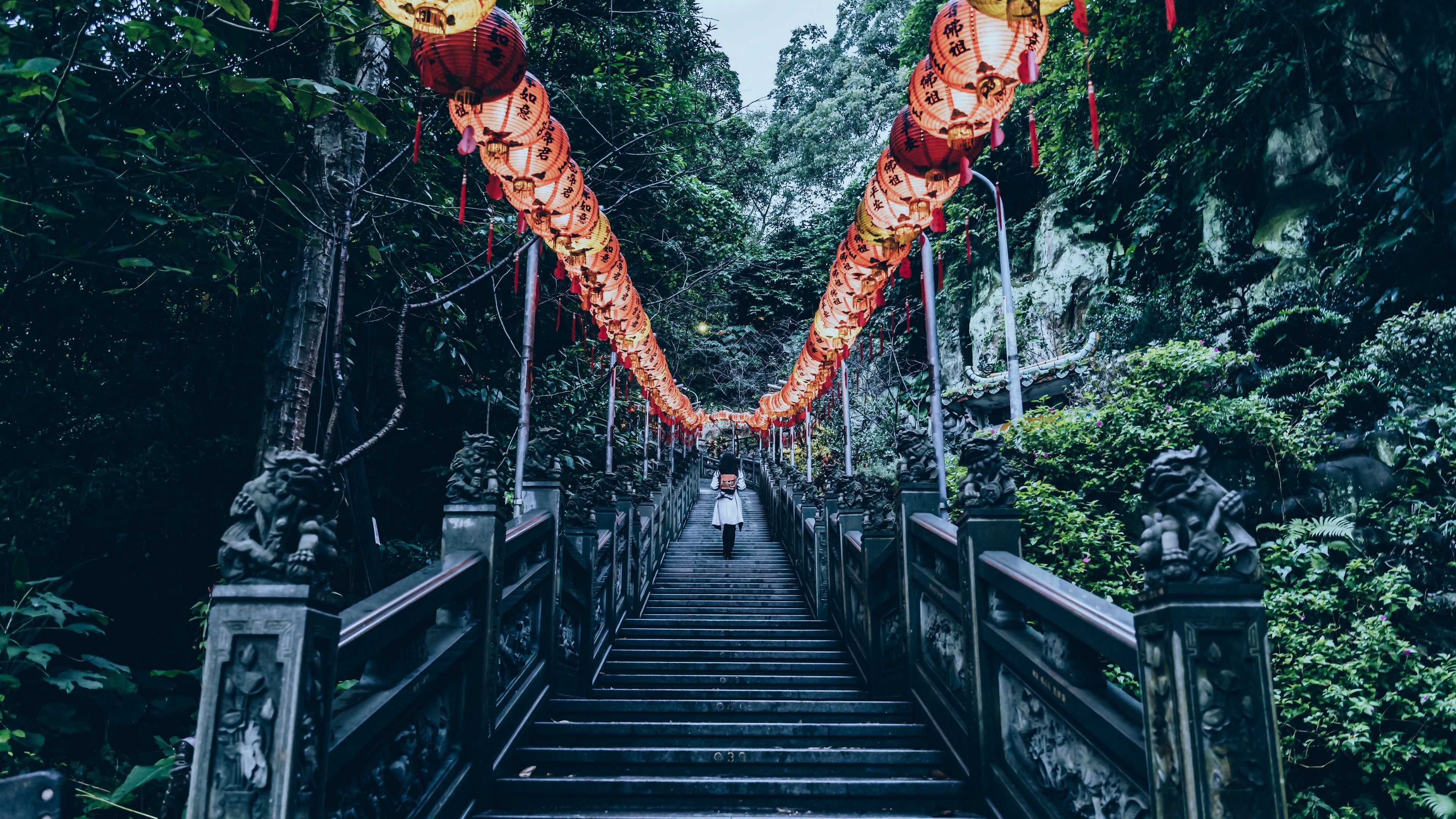 Chinese lanterns, Staircase Wallpaper, 3840x2160 4K Desktop