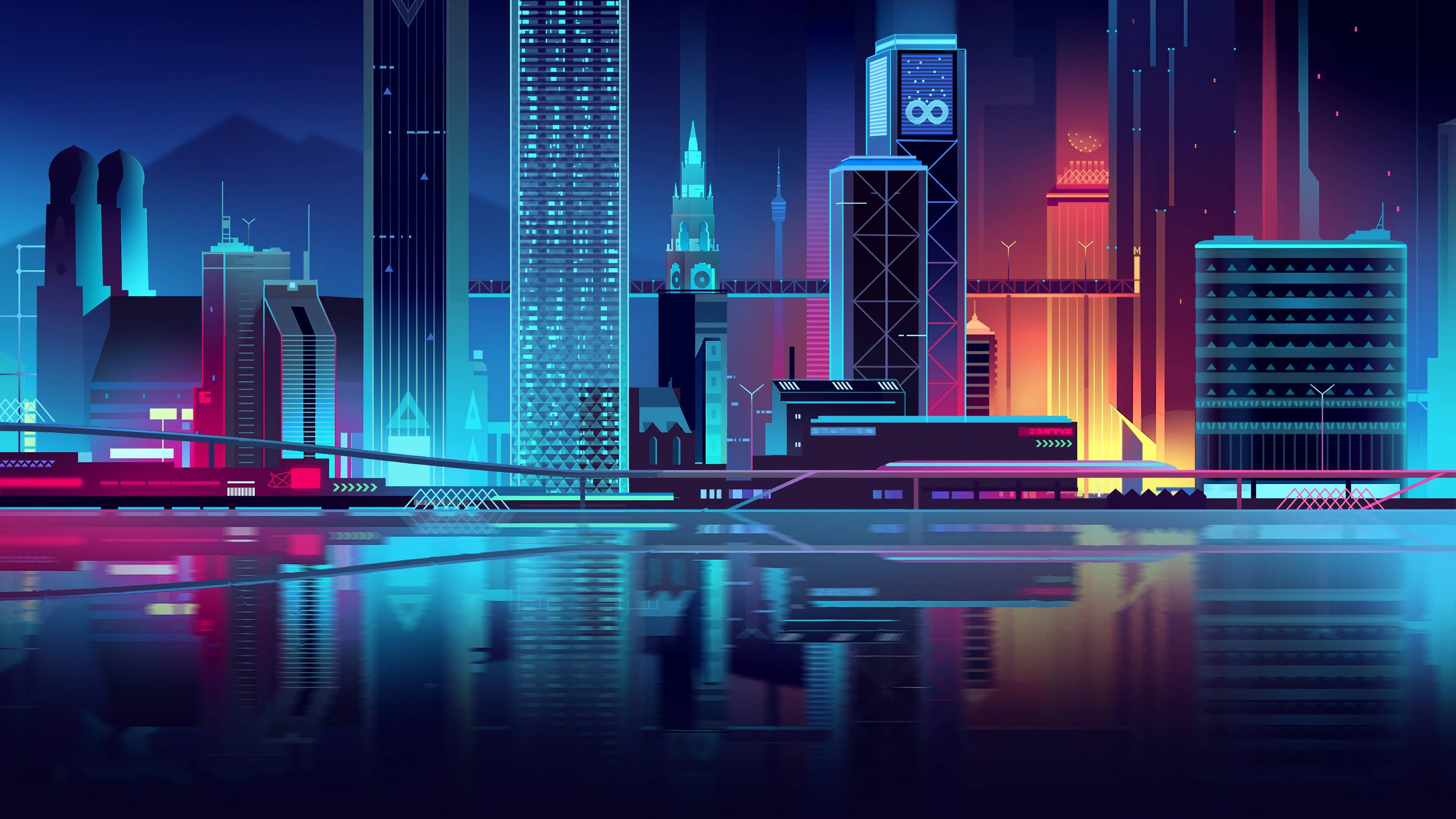 Neon Skyline, Reflective atmosphere, Nighttime beauty, Urban charm, 3840x2160 4K Desktop