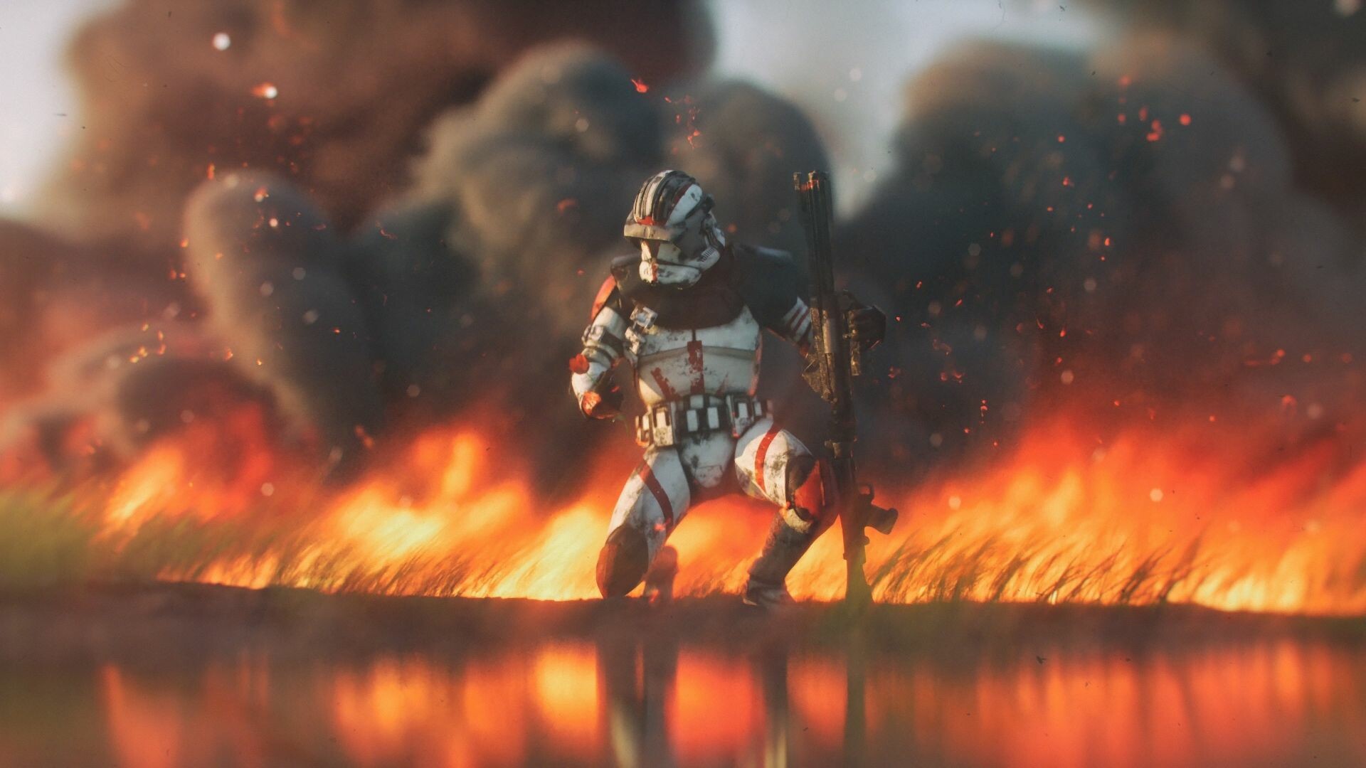 Star Wars, Clone troopers, Fiery backgrounds, Intense action, 1920x1080 Full HD Desktop