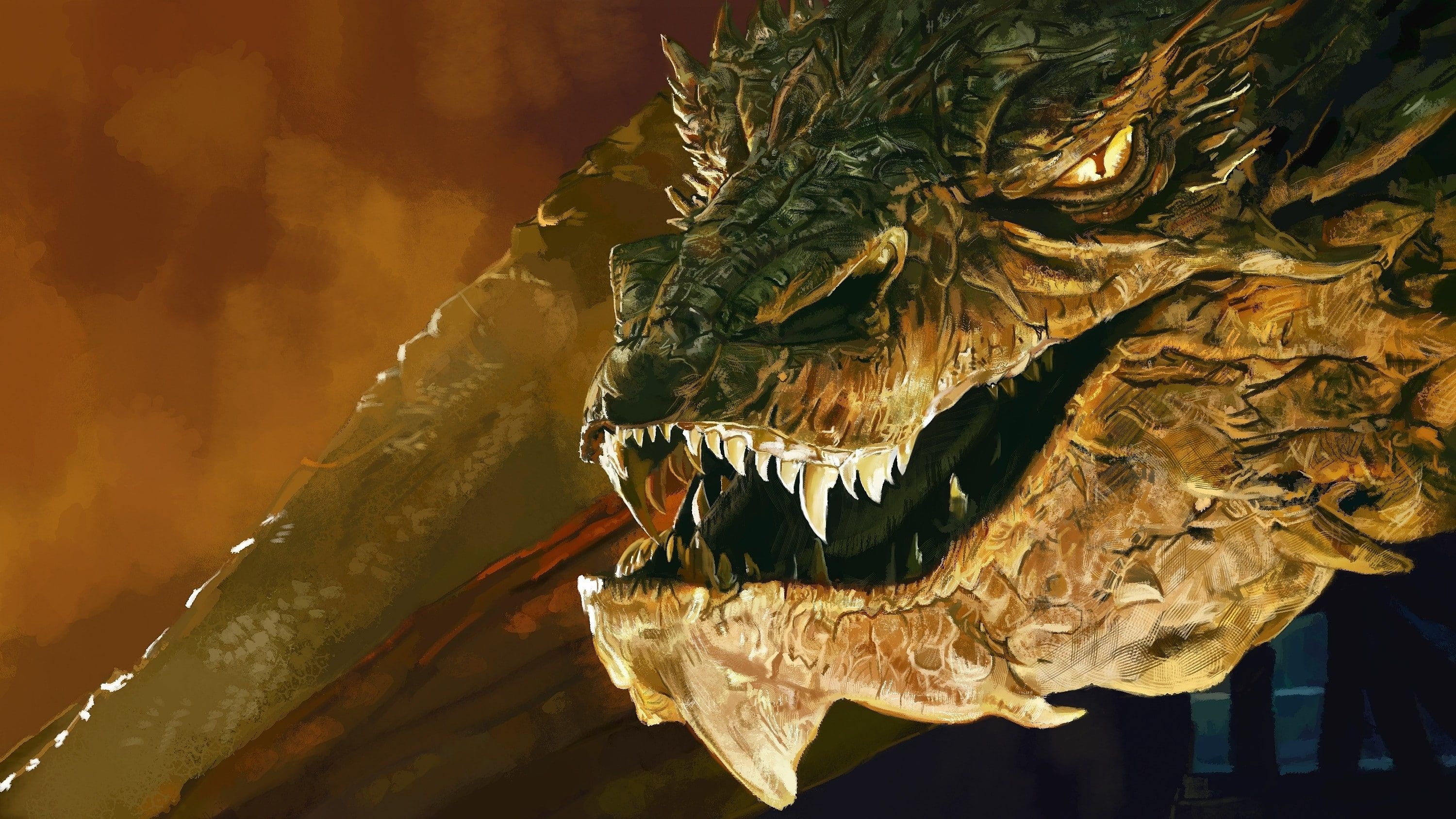 Smaug, Desolation of Smaug, Benedict Cumberbatch, Dragon art, 3000x1690 HD Desktop