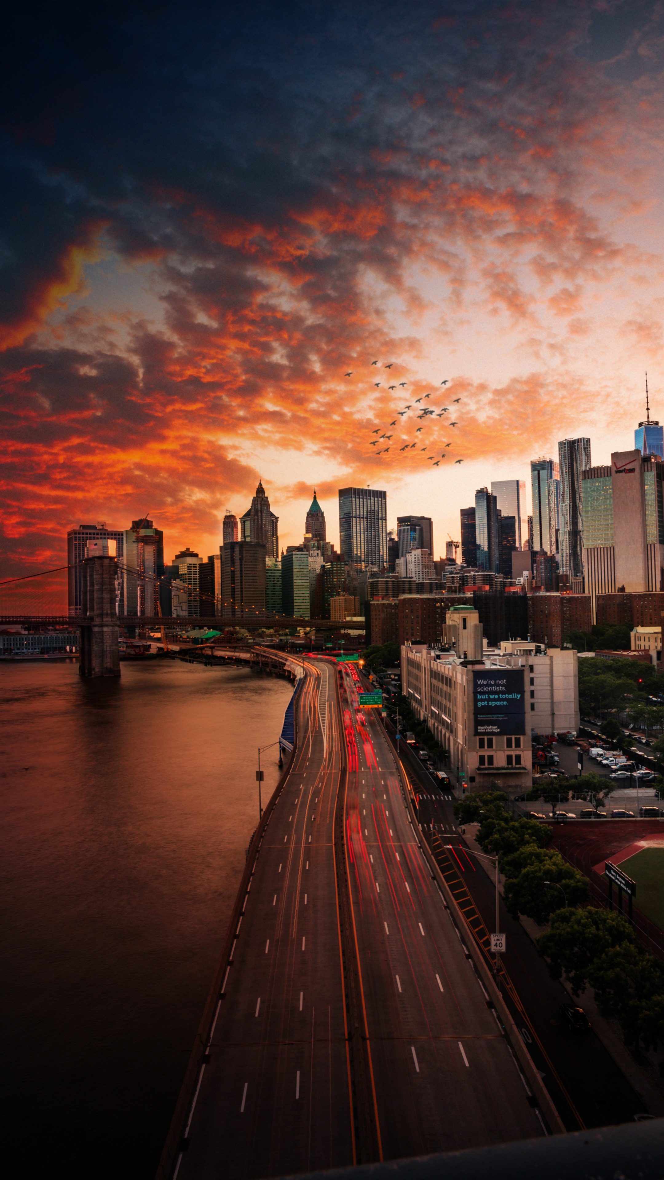 Manhattan Skyline, Travels, Sunset over Manhattan Bridge, Luminous sky, 2160x3840 4K Phone