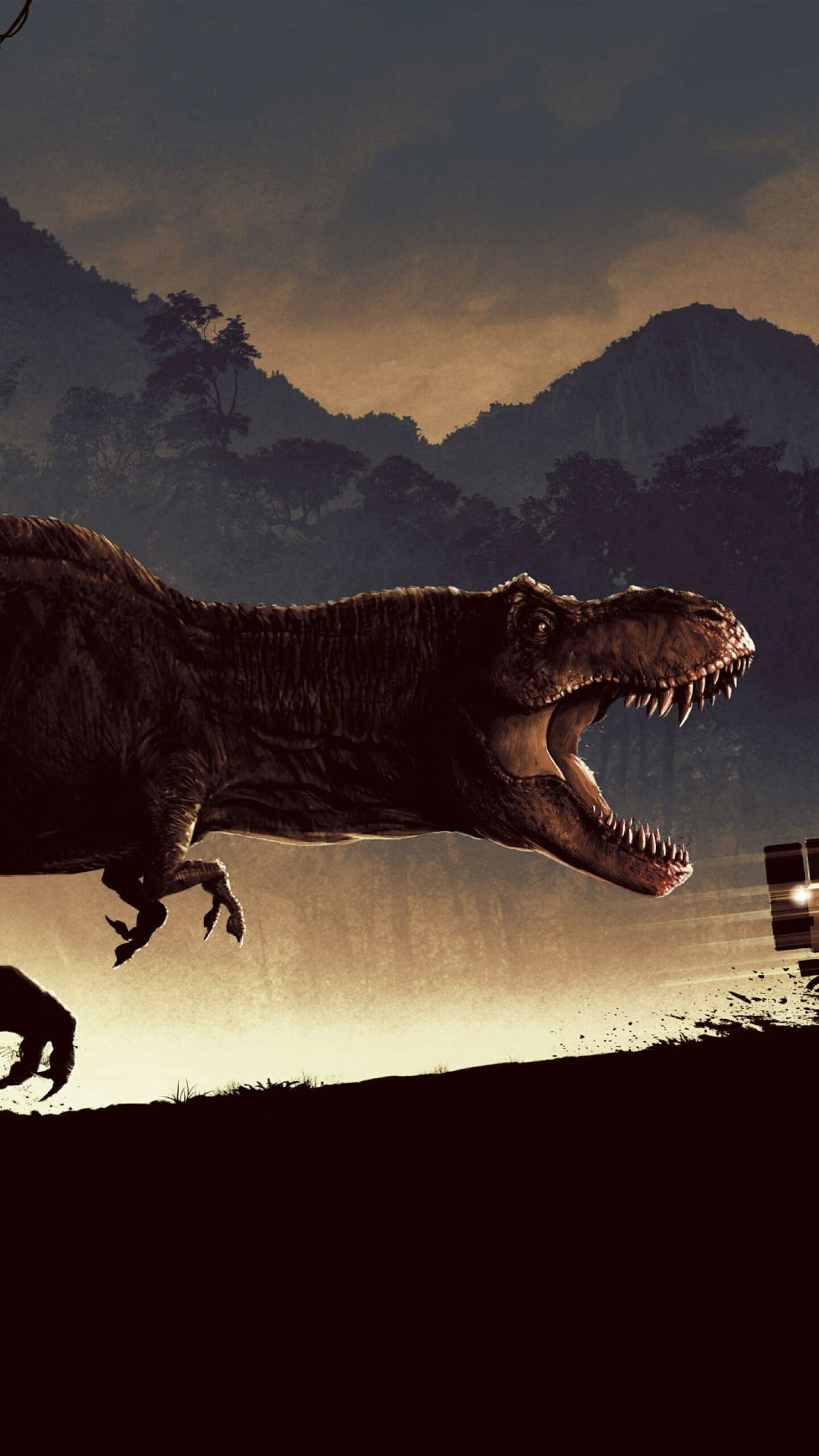 Jurassic Park, Jurassic Park car, Dinosaur encounter, Thrilling adventure, 1440x2560 HD Phone