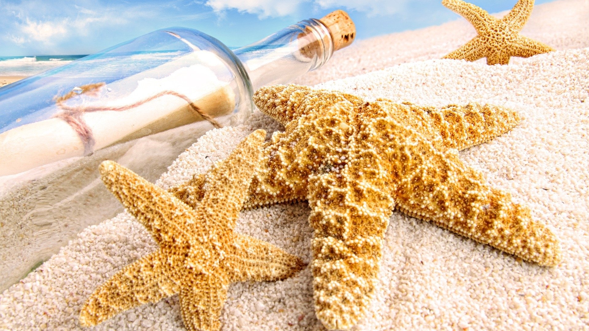 Message in a Bottle, Sea stars, Oceanic beauty, Enigmatic message, 1920x1080 Full HD Desktop