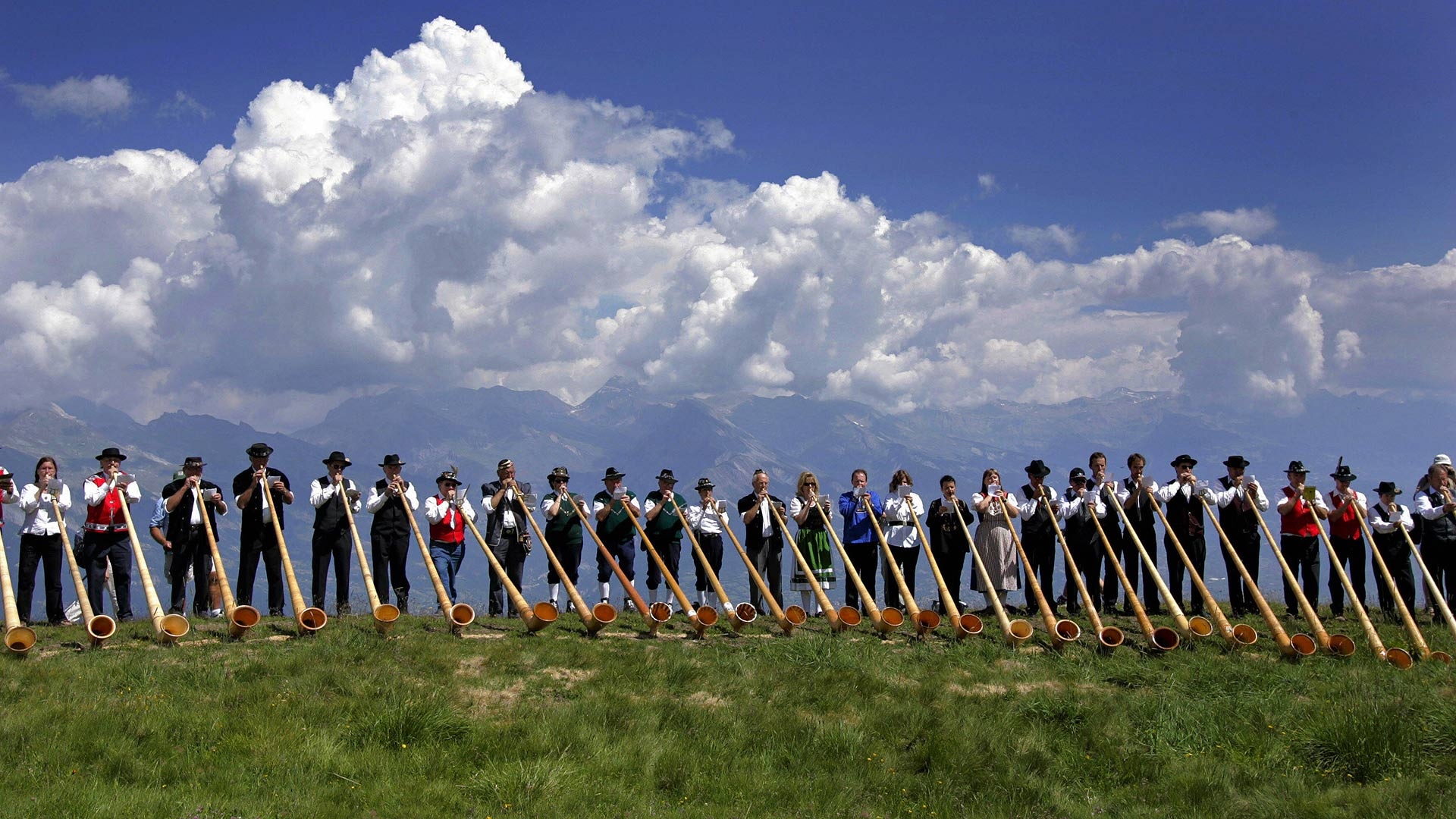 Alphorn musicians perform, International alphorn festival, Alphorn festival in, Festival in nendaz, 1920x1080 Full HD Desktop