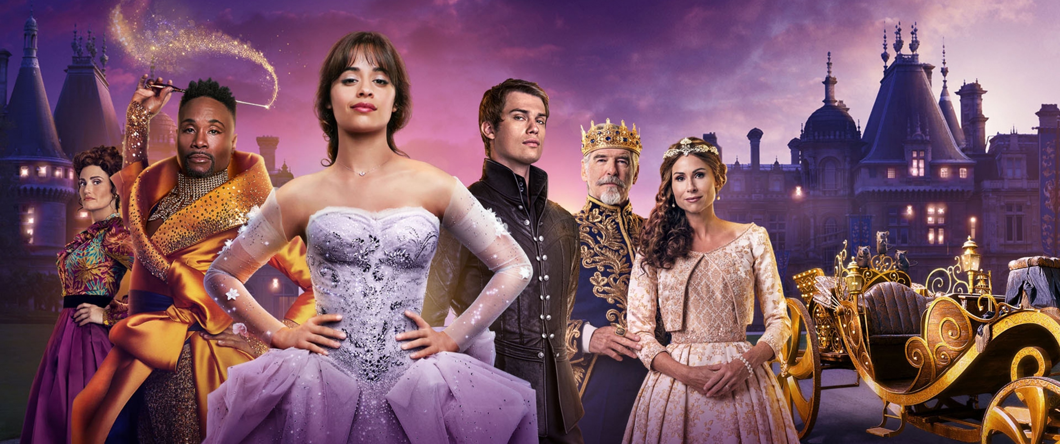 Cinderella 2021, Pierce Brosnan, Minnie Driver, Idina Menzel, 3440x1440 Dual Screen Desktop