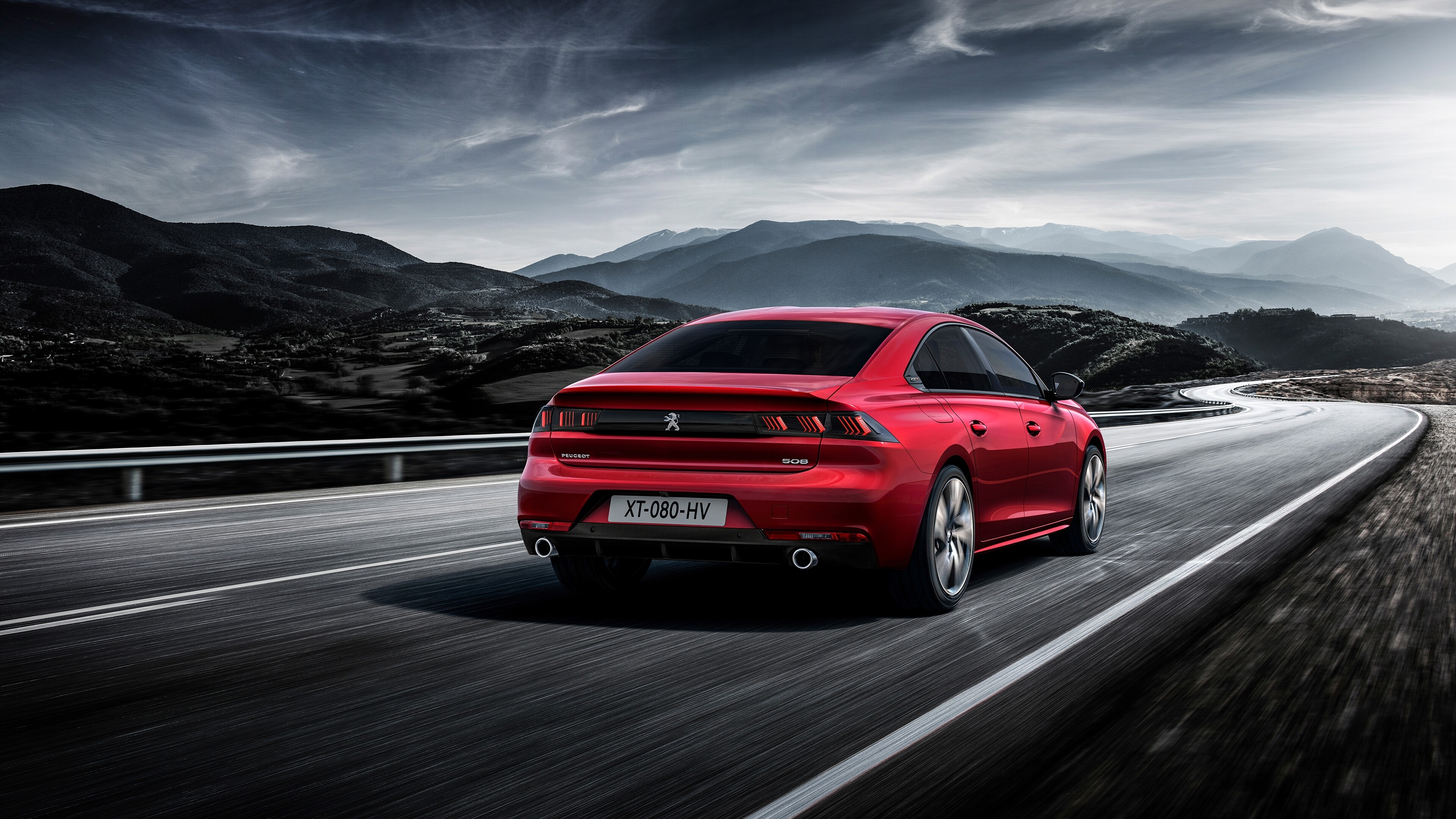 2018 Peugeot 508 GT, Red car, Stunning back view, Captivating mountain scenery, 3840x2160 4K Desktop