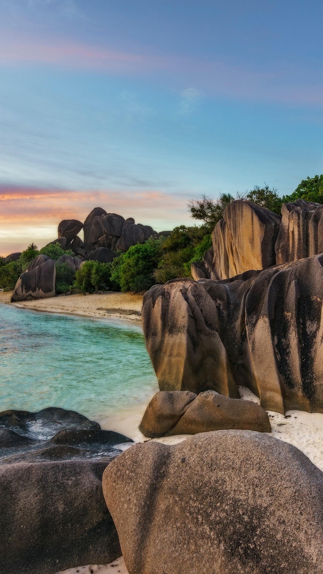 Mesmerizing sunset, Rocky beach, Anse Source Dargent, La Digue island, 1080x1920 Full HD Phone